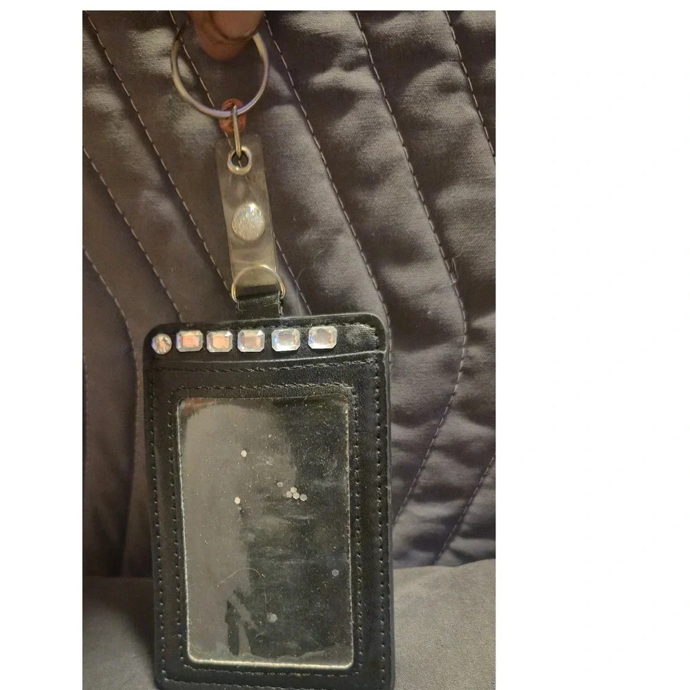 Black Faux Leather ID Badge Holder Rhinestone Accents‎ Key Ring Card Slot